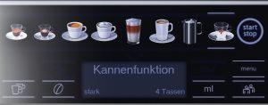 Bedienfeld des TE657F03DE von Siemens mit der Funktion, eine ganze Kanne Kaffee aufzubrühen. (Quelle: siemens-home.bsh-group.com)