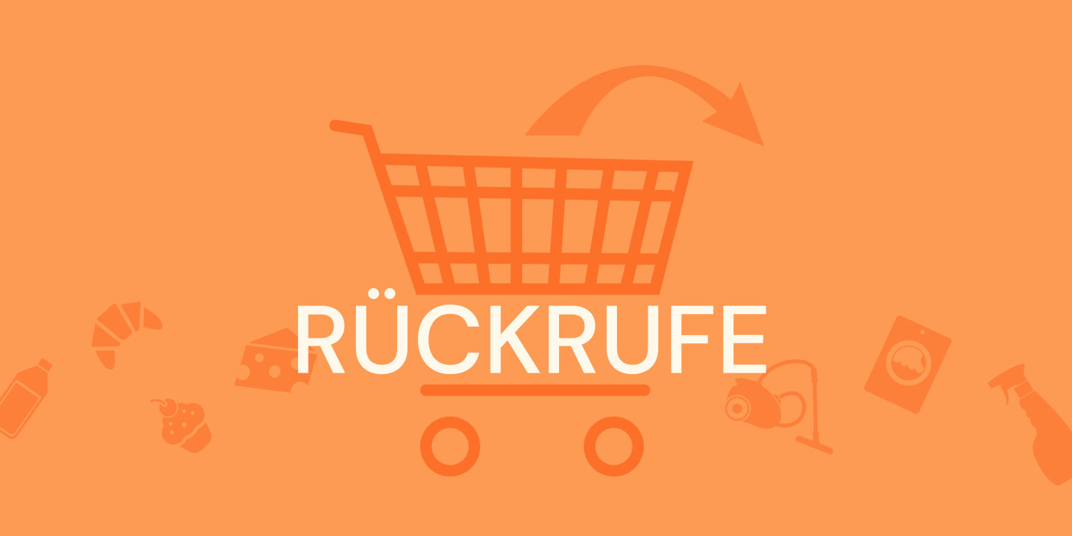 Rückrufe mit Einkaufswagen und Produkten vor orangenem Hintergrund