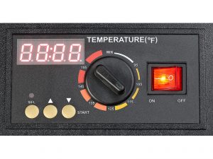 Die Etagengeräte von Rosenstein & Söhne zeigen über ein Display die per Tasten frei wählbare Temperatur an. Die Zeitvorwahl wird über den Regler vorgenommen. (Quelle: pearl.de)