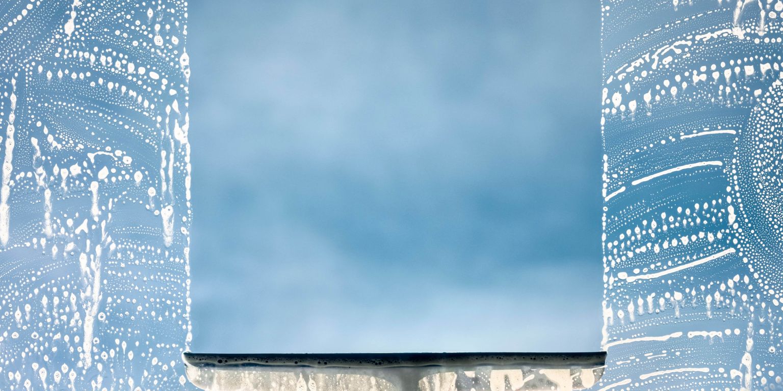 Ein schaumig eingeseiftes Fenster wird mit einem Abzieher gereinigt