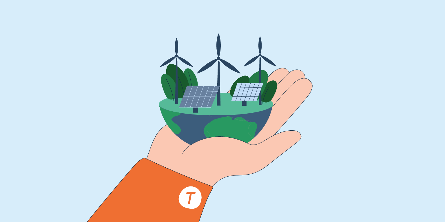 In einer Hand liegt eine halbe Weltkugel mit Solarzellen, Windrädern und Pflanzen.