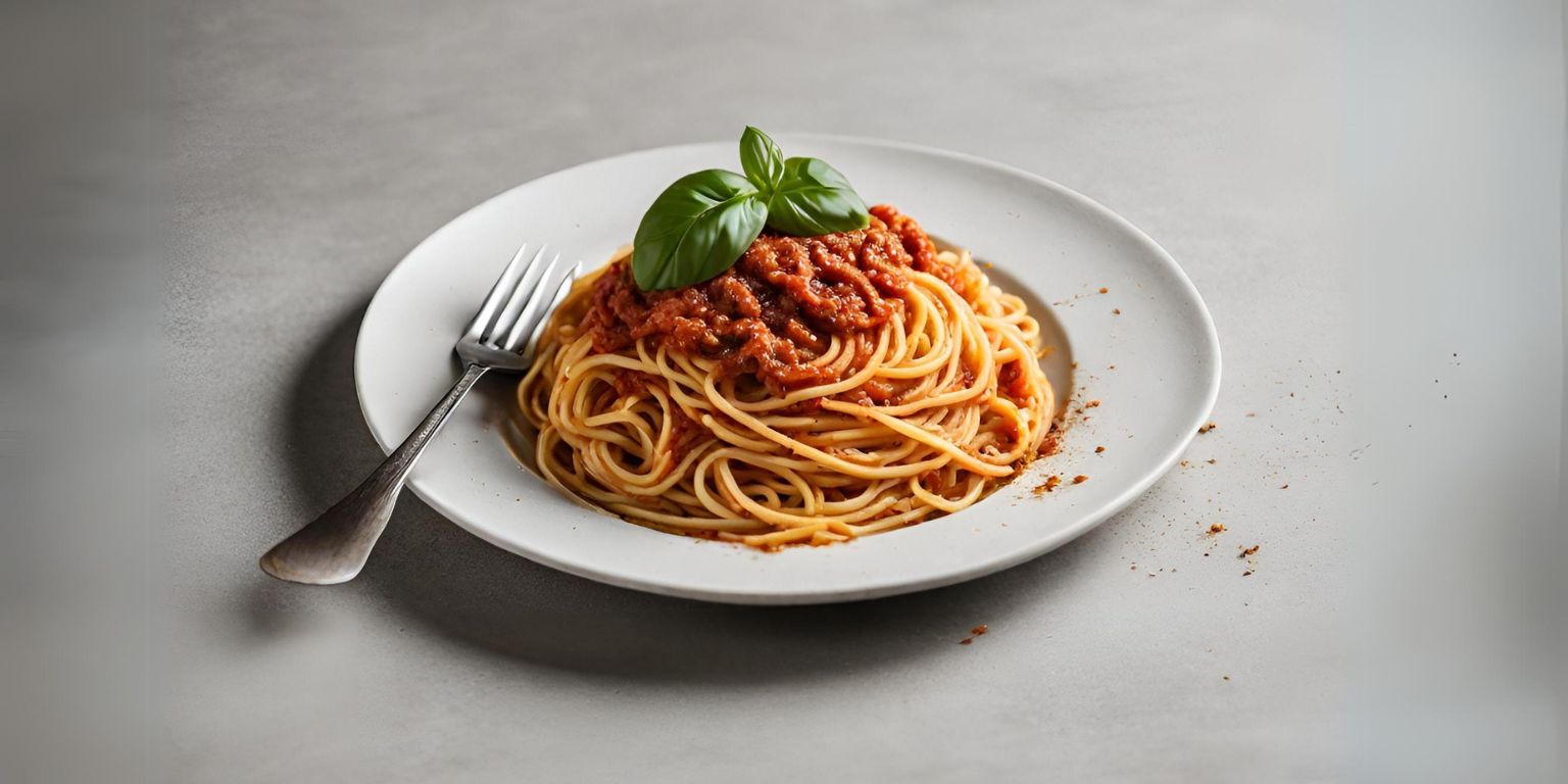 Ein Teller mit Spaghetti und rotem Pesto