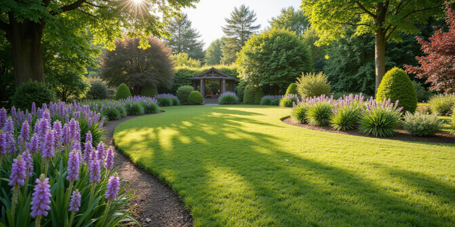 Schöne Gartenlandschaft mit geschwungener Rasenfläche