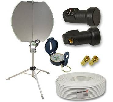 Produktbild PremiumX PX60 Camping-Set (PX60 + LNB PXSI-01 + 10m Sat Koaxialkabel + F-Stecker + Stativ + Kompass)