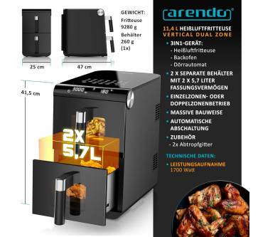 Produktbild Arendo Dual Vertical Airfryer mit Sichtfenster