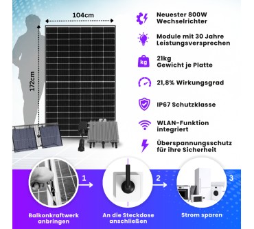 Produktbild Klarbeit Deye Balkonkraftwerk 800 Watt - Flex (890Wp) Full Black mit Balkon-Halterung