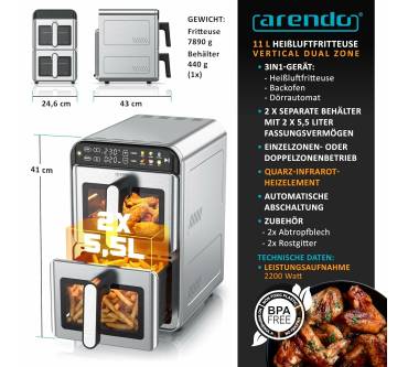 Produktbild Arendo 11L Vertical Duo Zone Airfryer