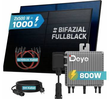 Produktbild Sunniva 1000W Balkonkraftwerk mit Deye 800W Wechselrichter, 2x 500W Glas Solarmodule, komplett