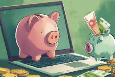 Günstige Laptops – worauf achten? Notebook mit Sparschwein drauf