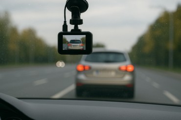 Blick durch Auto-Windschutzscheibe mit Dashcam