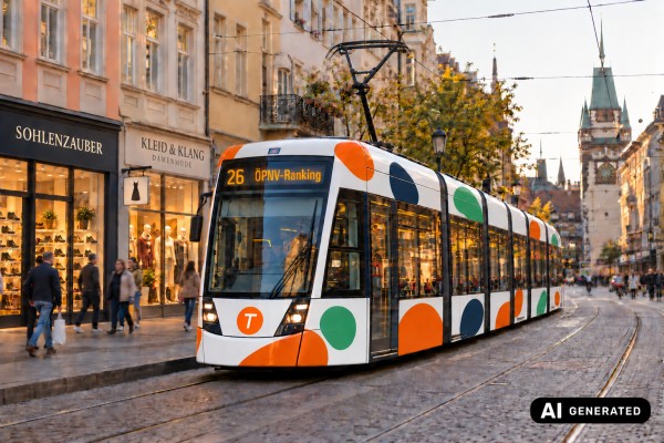 Nahverkehrs-Ranking 2026: So viel kostet der ÖPNV in Deutschland Straßenbahn in Testberichte.de-Farben fährt durch Altstadt. Bild: KI-generiert.