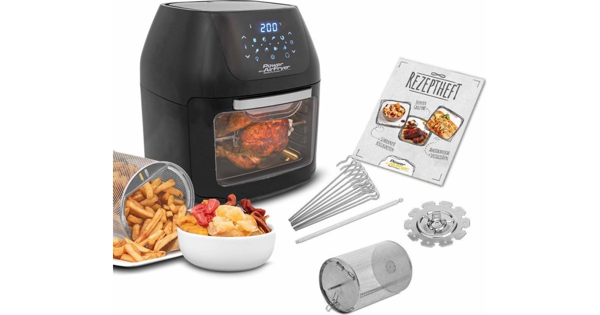 PowerXL Air Fryer Multi-Function Deluxe – 9 Liter Heißluftfritteuse, 8 Programme, Inkl. Drehkorb, Spieße & Zubehör, Fettarm Frittieren, Grillen, Backen