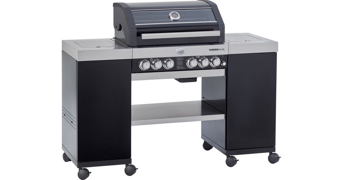 RÖSLE Unité de barbecue à gaz VIDERO G4-S noir, 30 mbar, gril avec 4 brûleurs en acier inoxydable, Prime Zone et brûleur latéral, tablettes latérales rabattables, VARIO