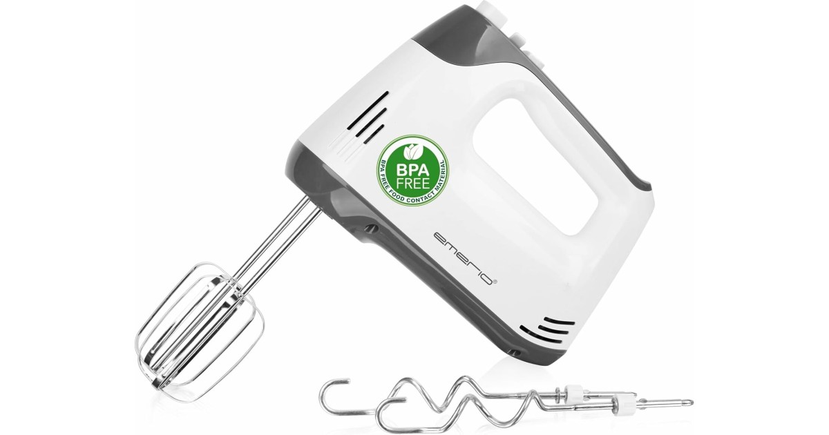 EMERIO HM-130365 Elektrische handmixer, handmixer, handmixer met 400 watt, 5 snelheden en turboknop, extra lange garde, kneedhaak van roestvrij staal, geschikt voor vaatwasser, BPA-vrij EMERIO HM-130365 Elektrische handmixer, handmixer, handmixer met 400 watt, 5 snelheden en turboknop, extra lange garde, kneedhaak van roestvrij staal, geschikt voor vaatwasser, BPA-vrij