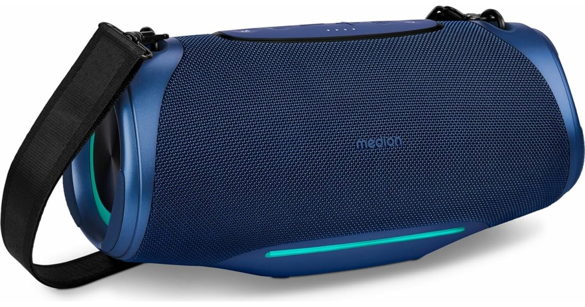 MEDION P61762 Draagbare Bluetooth-luidspreker (batterij, basversterking, RGB -lichteffecten, IPX7 waterbescherming, robuust, geïntegreerde powerbank, 2 x 25 W RMS) blauw MEDION P61762 Draagbare Bluetooth-luidspreker (batterij, basversterking, RGB -lichteffecten, IPX7 waterbescherming, robuust, geïntegreerde powerbank, 2 x 25 W RMS) blauw