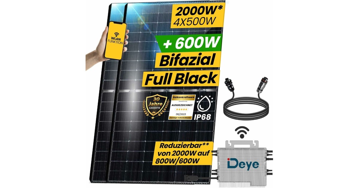 EPP Solar® Growatt NEO 2000M-X2 – PV WiFi Wechselrichter Für Balkonkraftwerk, 4x 500W Bifaziale Module, 25 Jahre Garantie