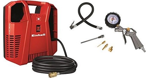 Einhell Kompressor TC-AC 190 OF Set (1100 Watt, kompakt & leicht, ölfreier Motor, max. 8 bar, inkl. Ausblaspistole, Reifenfüllmesser, 3 Meter Schlauch, 3-tlg. Adapter-Set, 8-tlg. Aufblas-Adapter Set