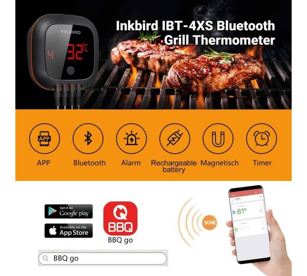Inkbird IBT-4XS Bluetooth-Grillthermometer – Kabellos Mit 4 Sonden (3 Fleisch + 1 Ofen), Timer, Alarm, Reichweite 50 M, Wiederaufladbar, Für BBQ, Smoker, Ofen