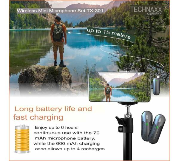 Technaxx TX-301 Microfoni Lavalier Wireless Doppi - Con Riduzione Rumore, Ricevitore USB-C, Per Podcast E Video - Foto 7